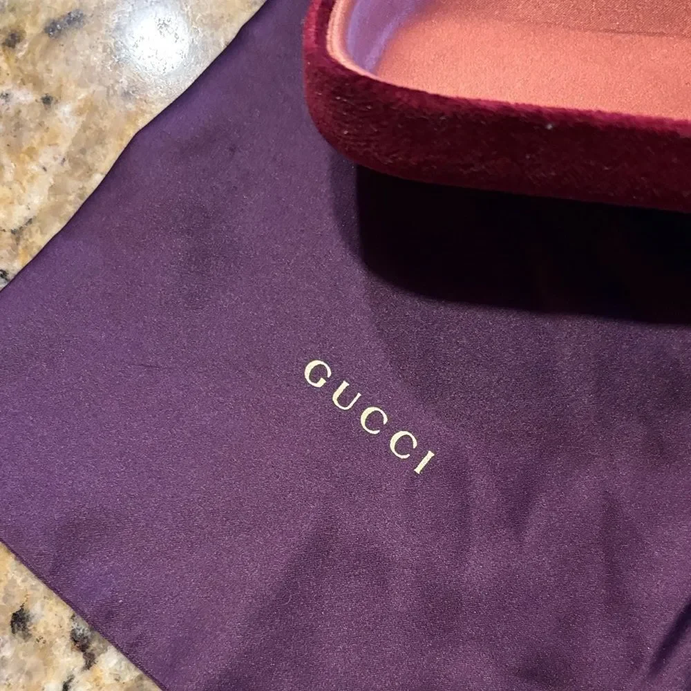 Gucci Velvet Eyewear Case in Deep Burgundy and Gucci purple dust bag